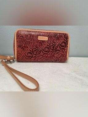 Consuela Floral Embossed Leather Wristlet in Brown and Tan